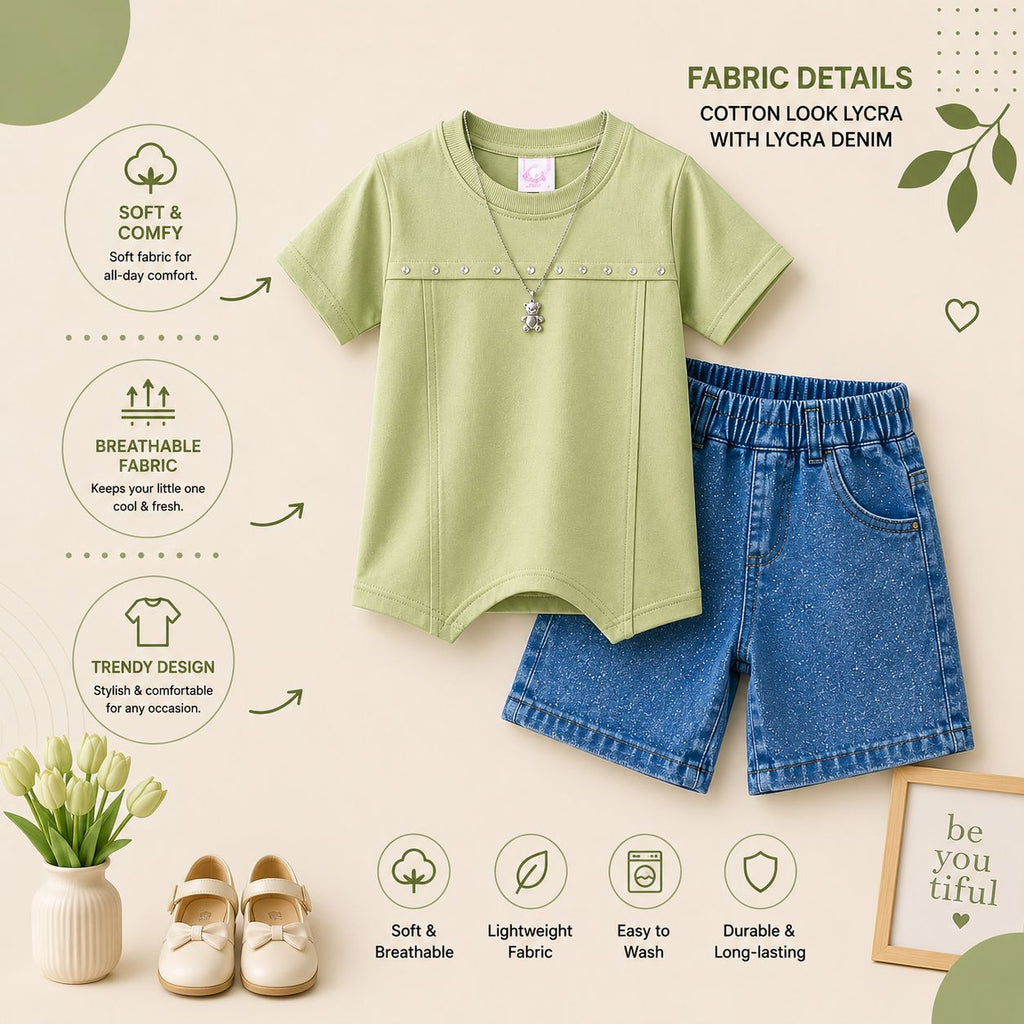 Luxury Girls Cotton Look Lycra Co-Ord Set with Lycra Denim Shorts