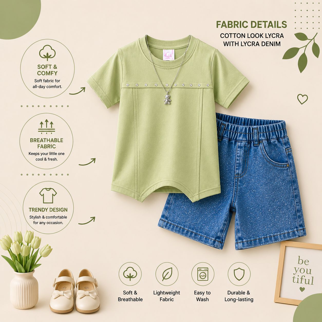Luxury Girls Cotton Look Lycra Co-Ord Set with Lycra Denim Shorts