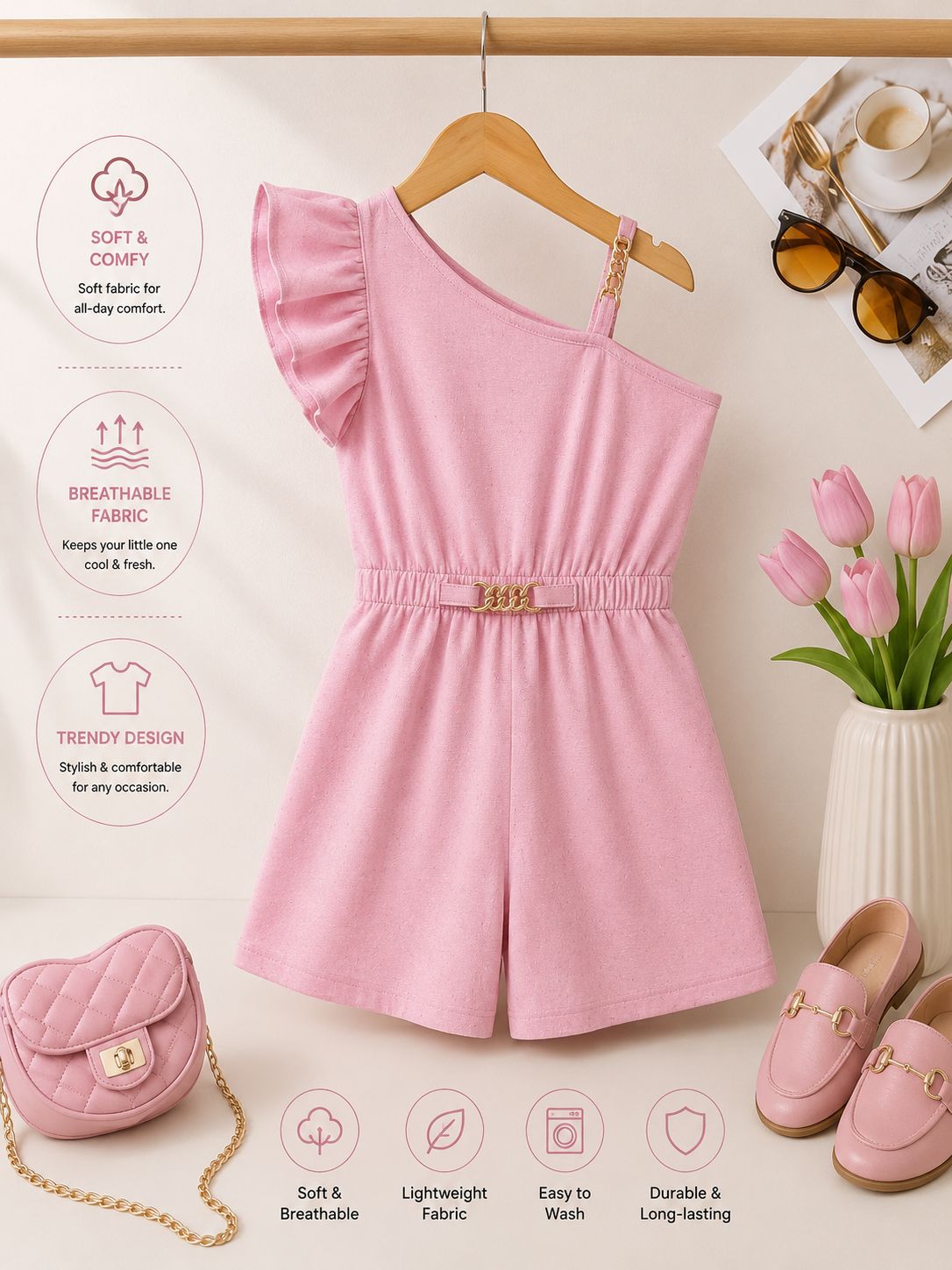 Luxury Girls One Shoulder Romper with Chain Strap – Premium Summer Jumpsuit