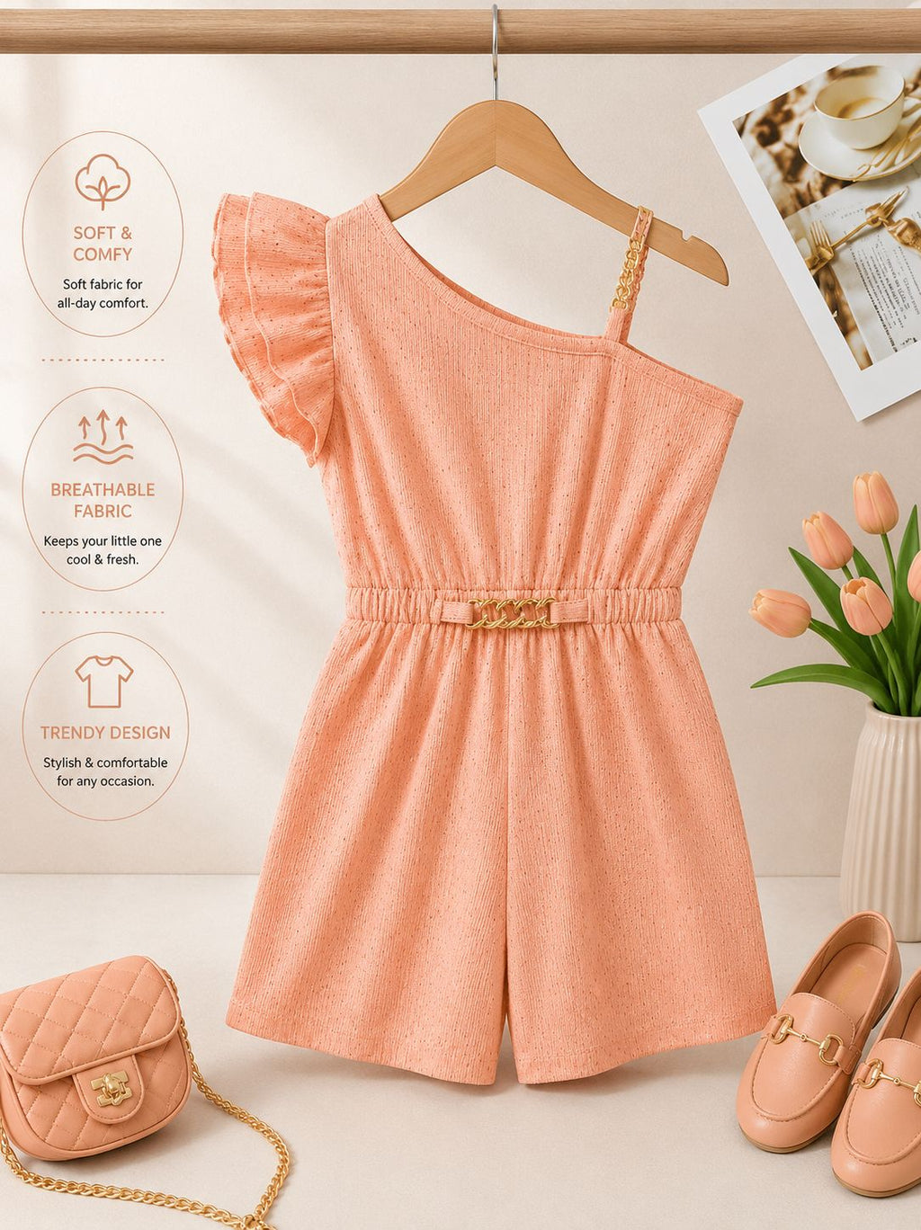 Luxury Girls One Shoulder Romper with Chain Strap – Premium Summer Jumpsuit