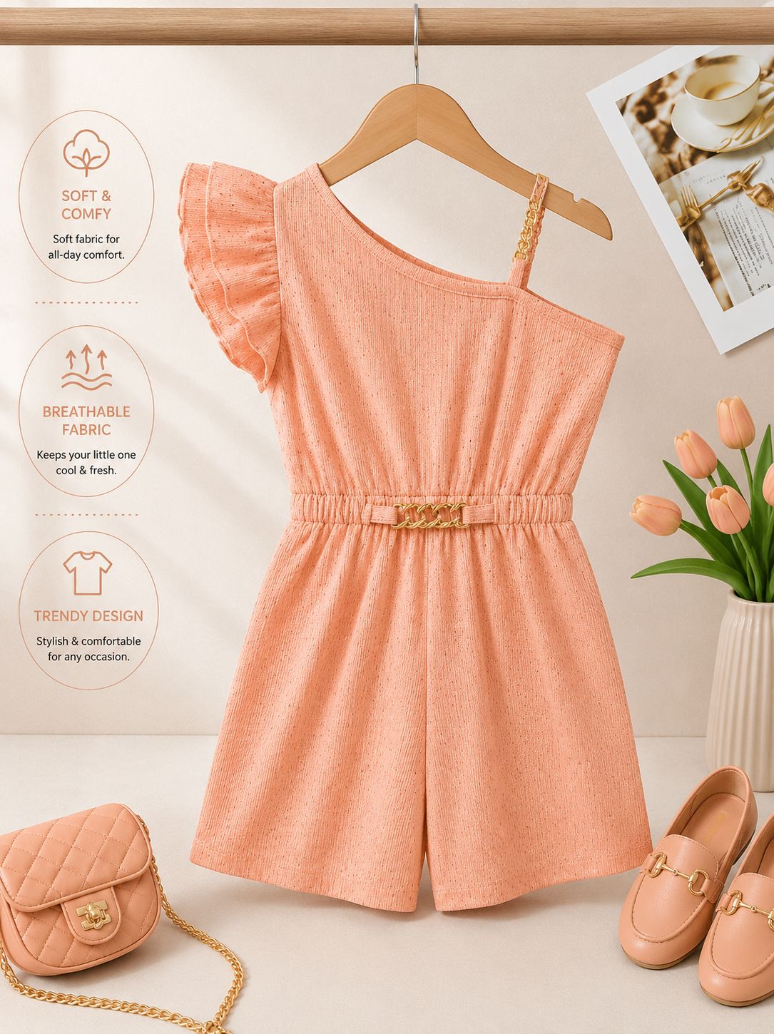 Luxury Girls One Shoulder Romper with Chain Strap – Premium Summer Jumpsuit