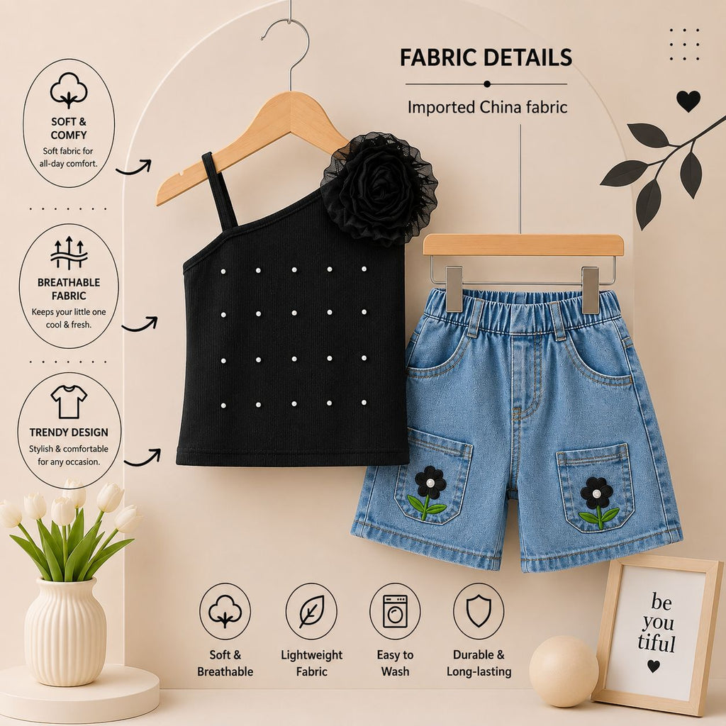 Girls Black Flower Top & Denim Shorts 2 Piece Summer Outfit Set