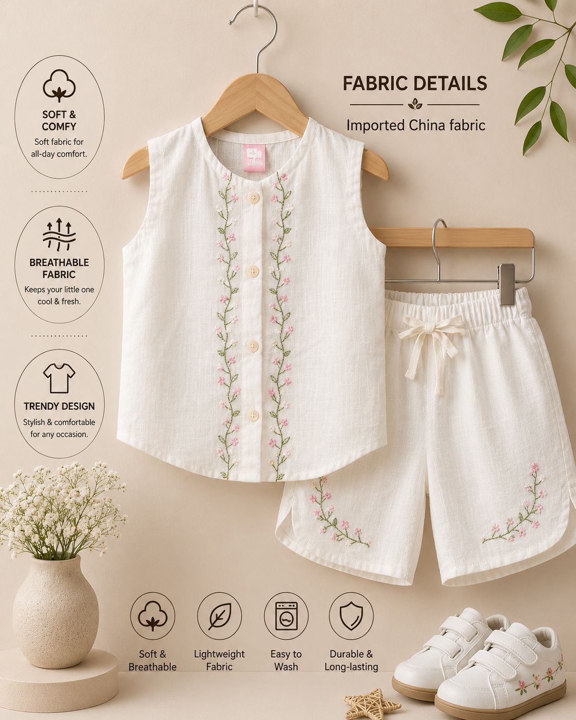 Girls Floral Embroidered Sleeveless Top & Shorts 2 Piece Outfit Set