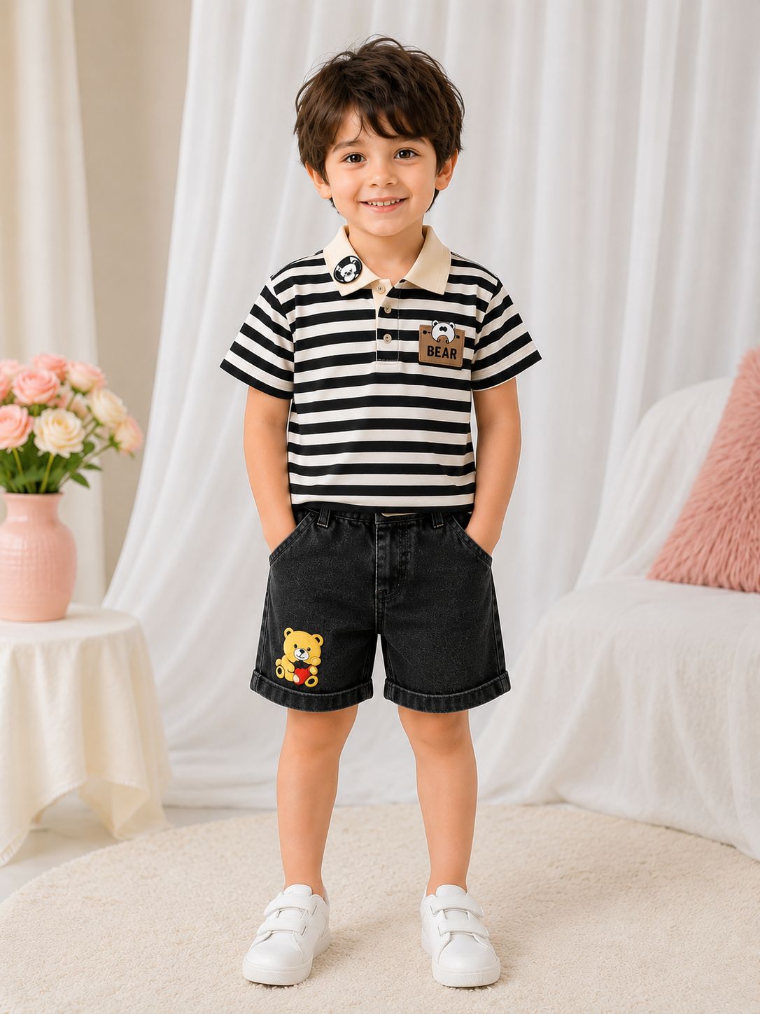 Kids Bear Striped Polo T-Shirt & Black Denim Shorts Set
