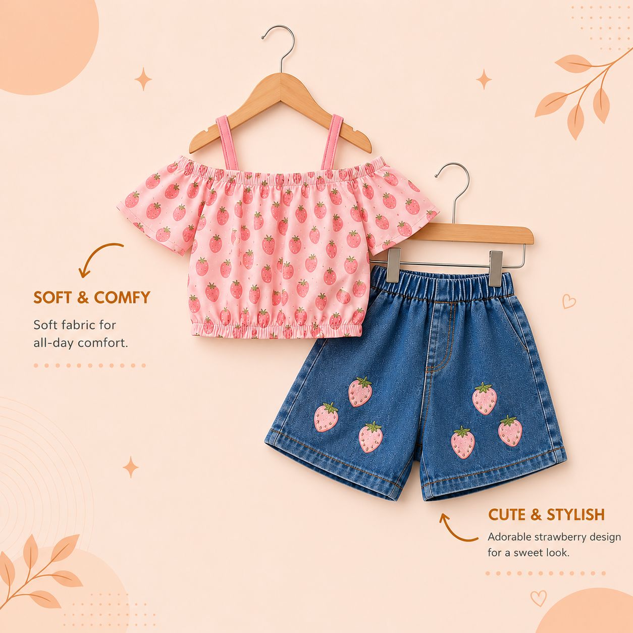 Girls Strawberry Print Off-Shoulder Top & Denim Shorts Co-Ord Set