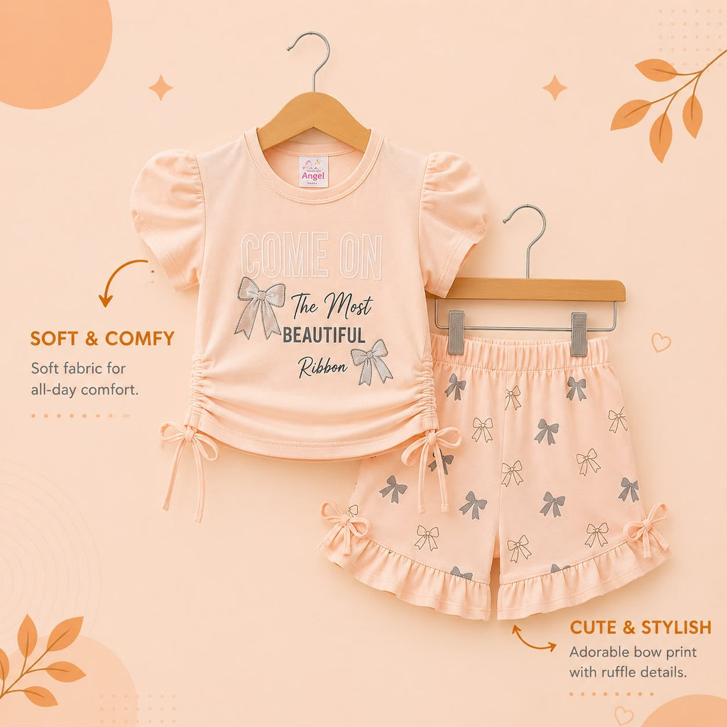 Girls Bow Print T-Shirt & Shorts 2-Piece Summer Co-Ord Set