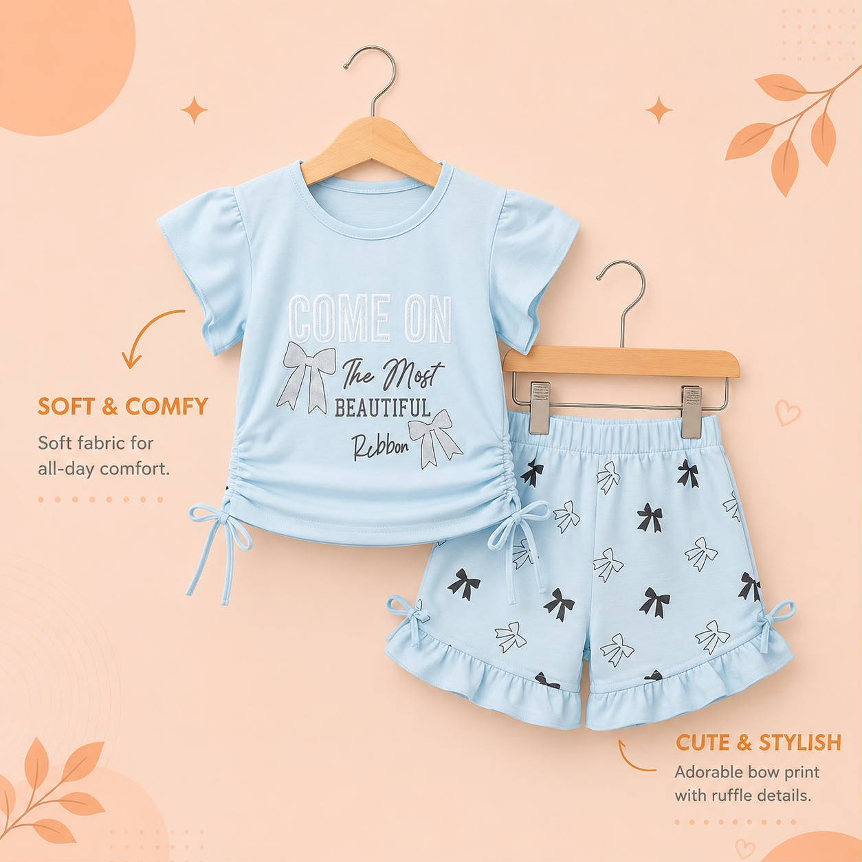 Girls Bow Print T-Shirt & Shorts 2-Piece Summer Co-Ord Set