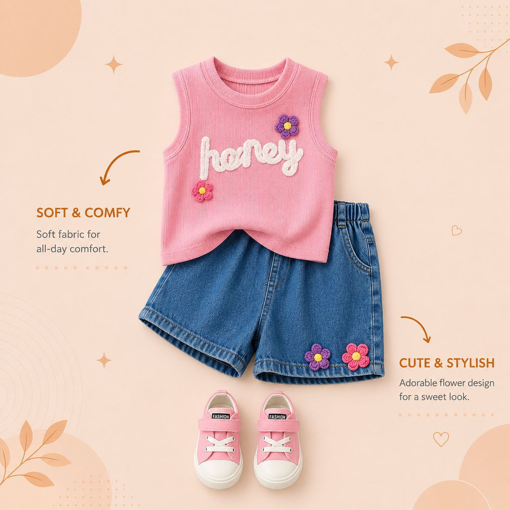 Girls Honey Ribbed Sleeveless Top & Denim Shorts Set with Floral Applique