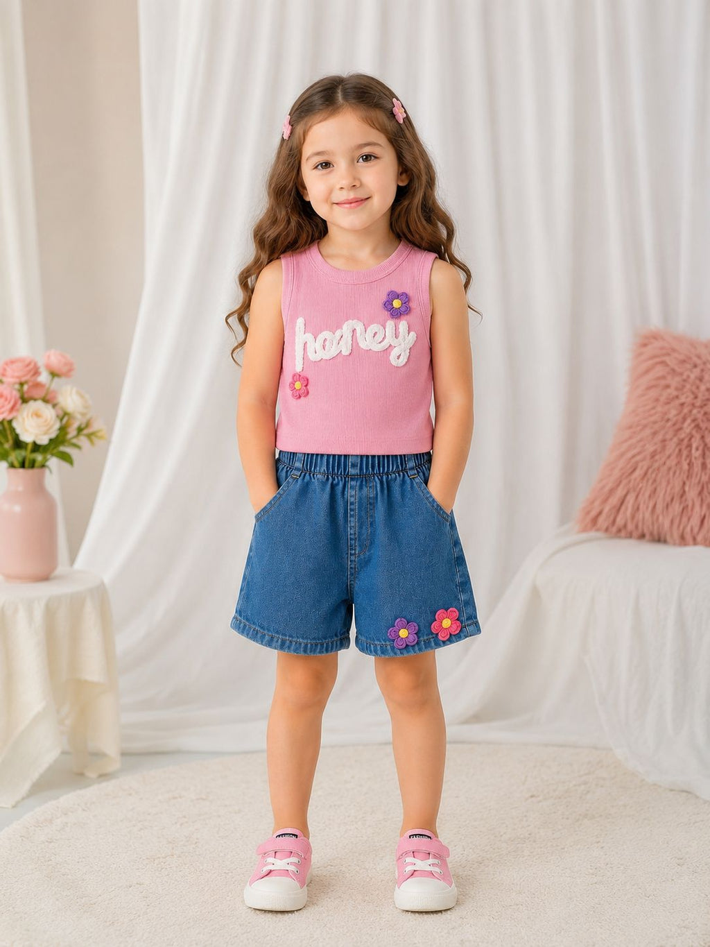 Girls Honey Ribbed Sleeveless Top & Denim Shorts Set with Floral Applique