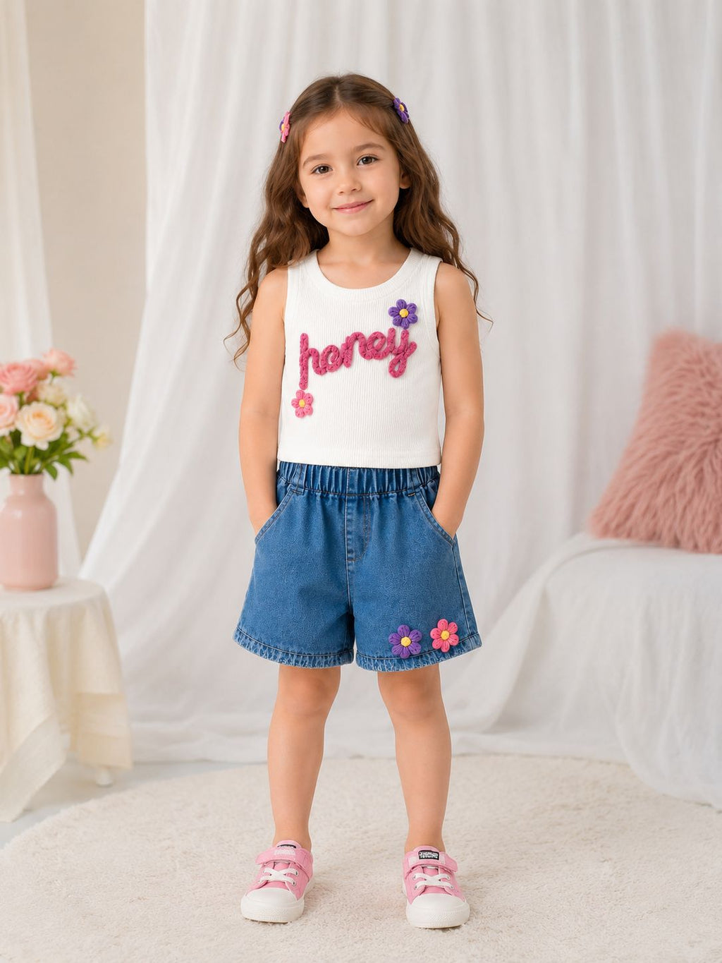 Girls Honey Ribbed Sleeveless Top & Denim Shorts Set with Floral Applique