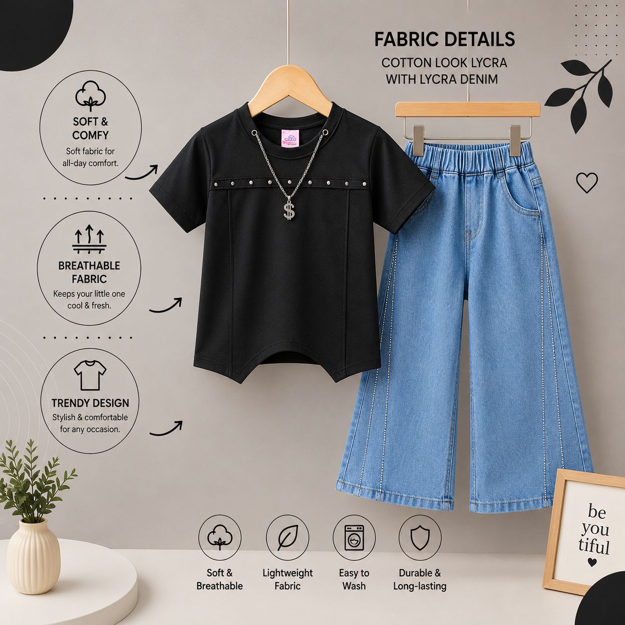 Girls Cotton Look Lycra Top & Lycra Denim Wide Leg Pants Set