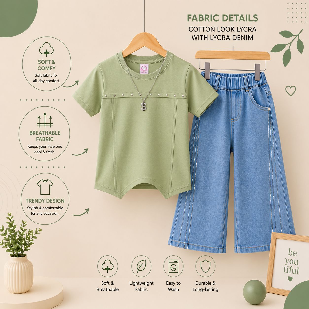 Girls Cotton Look Lycra Top & Lycra Denim Wide Leg Pants Set