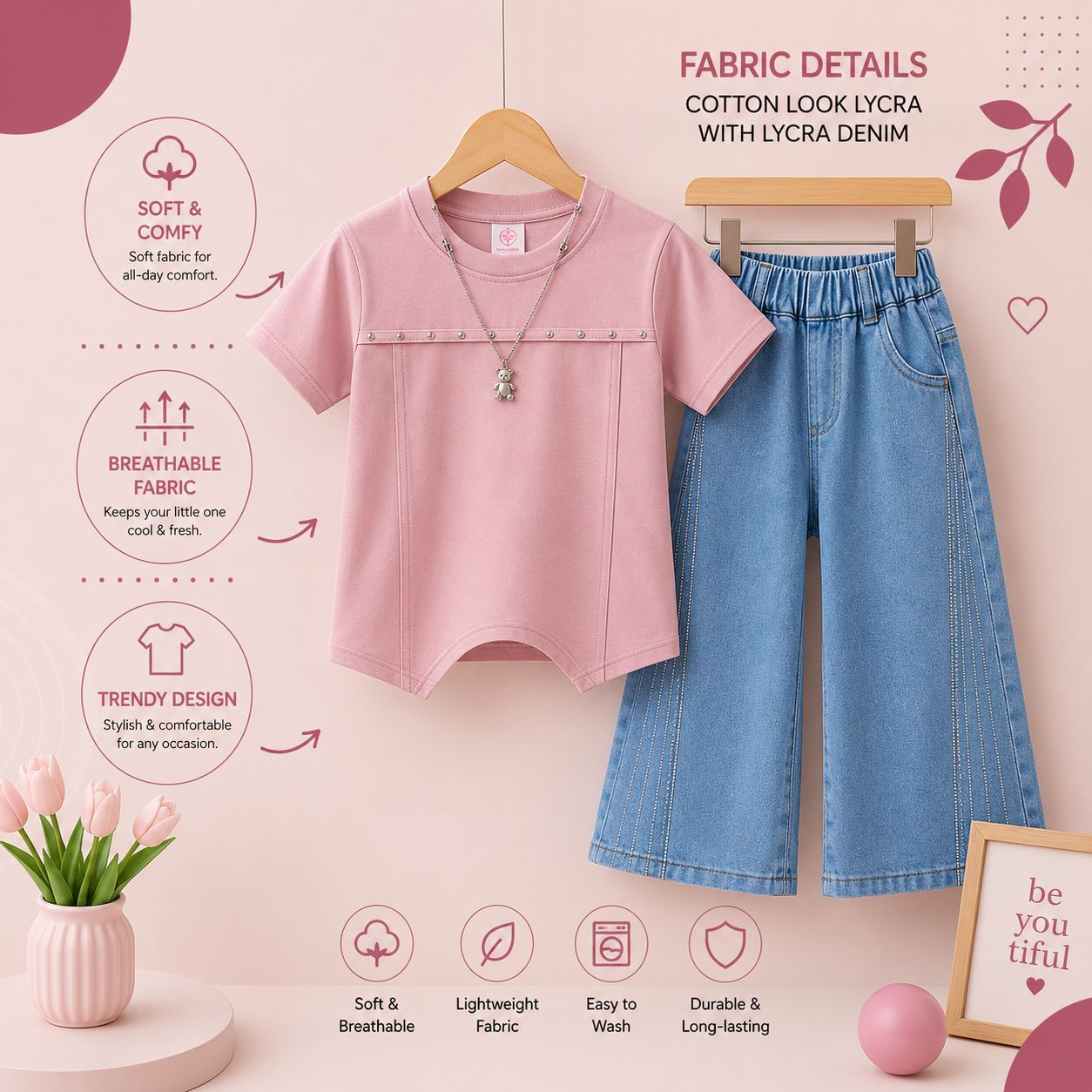 Girls Cotton Look Lycra Top & Lycra Denim Wide Leg Pants Set