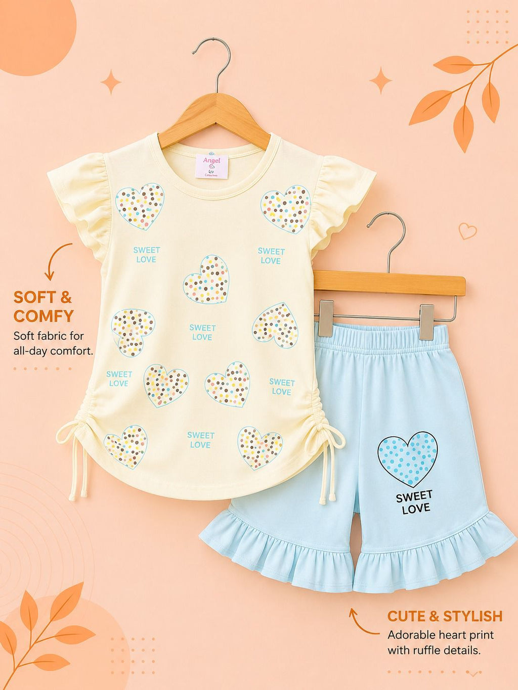 Girls Heart Print Ruffle Top & Shorts Co-Ord Set – Soft Summer Outfit