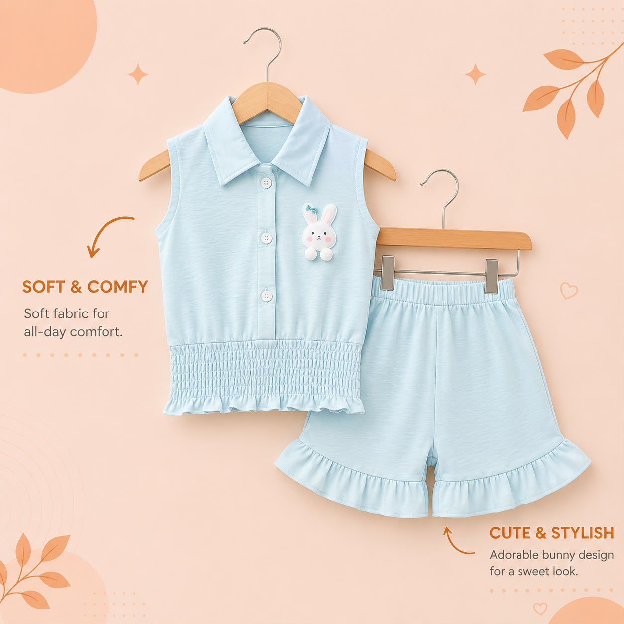 Girls Bunny Embroidered Sleeveless Top & Shorts Co-Ord Set
