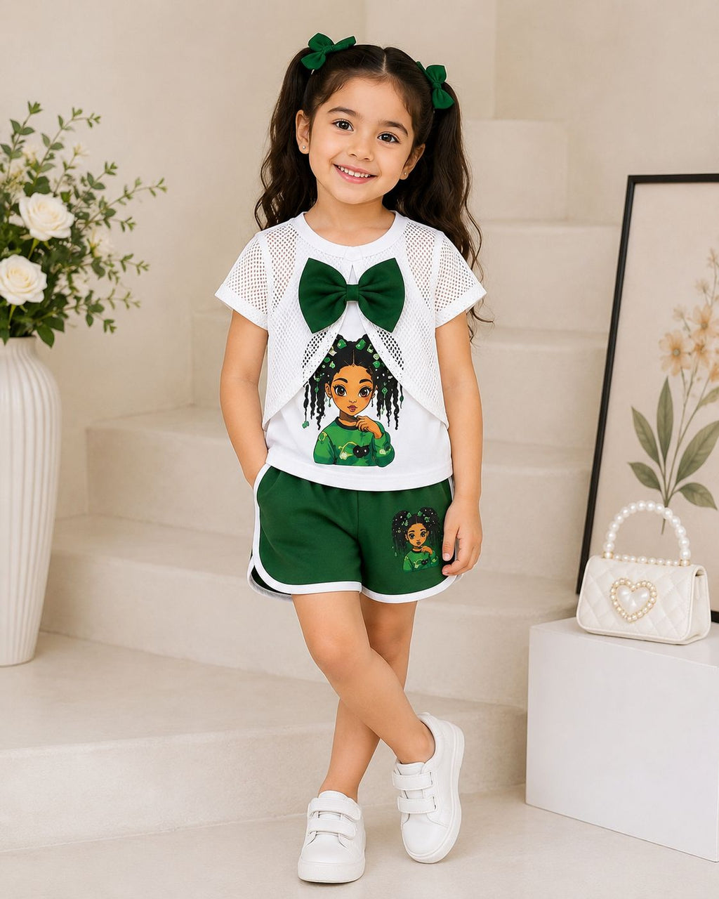 Girls Green 3-Piece Mesh Bow Top, Cami & Shorts Set