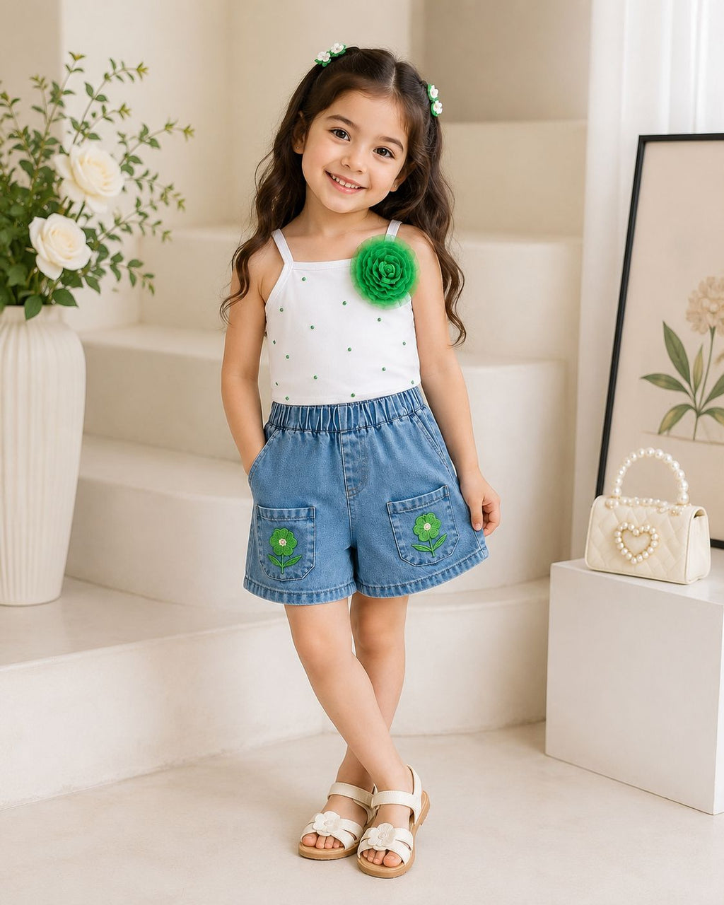 Girls White Floral Top & Denim Shorts 2-Piece Summer Outfit