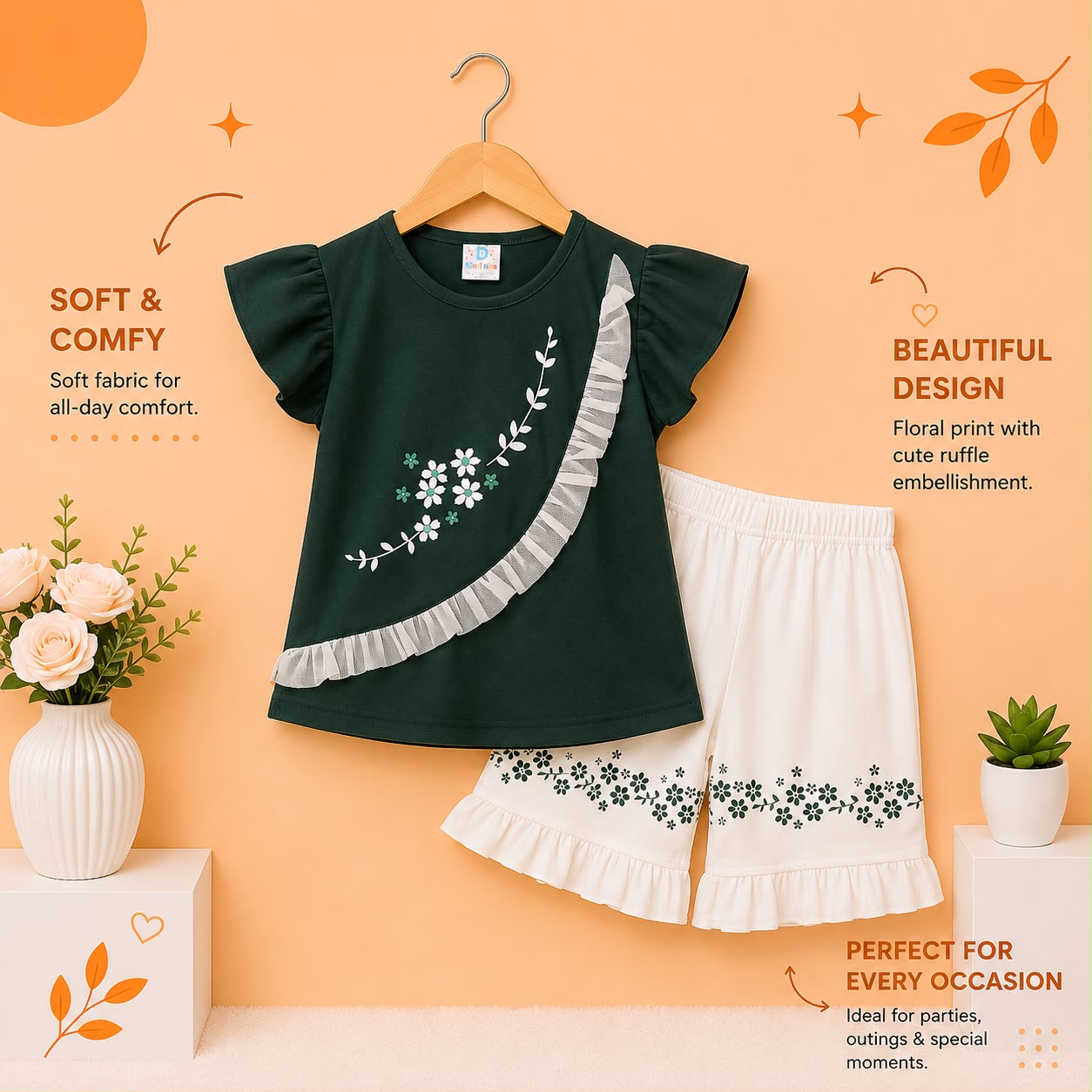 Girls Floral Ruffle Cotton T-Shirt & Embroidered Shorts Co-Ord Set