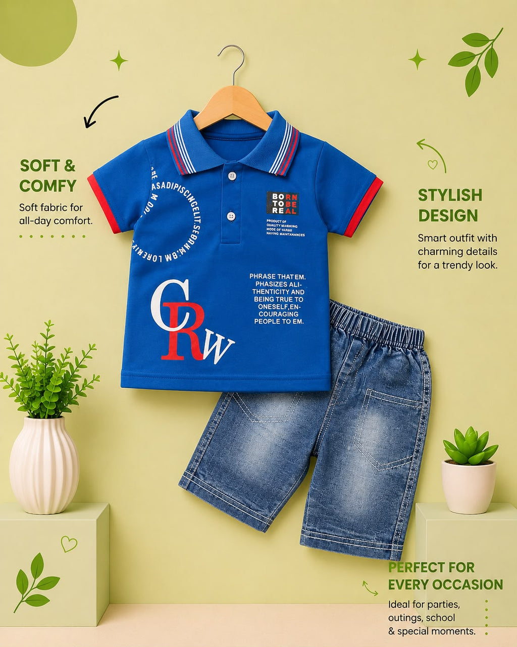 Born To Be Real Kids Polo T-Shirt & Denim Shorts 2-Piece Summer Outfit Set (Blue & Red)