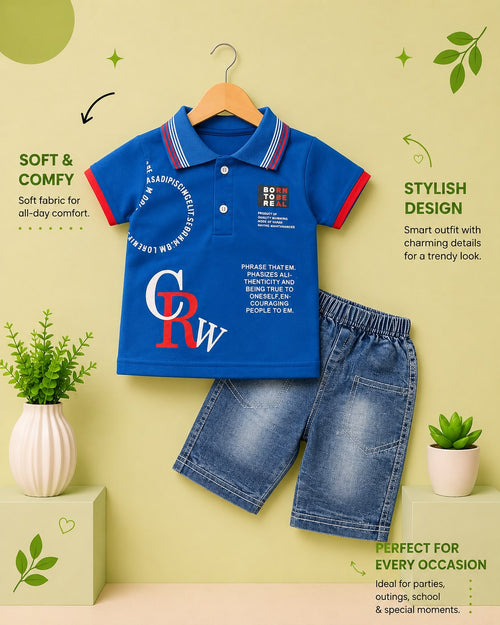 Born To Be Real Kids Polo T-Shirt & Denim Shorts 2-Piece Summer Outfit Set (Blue & Red)