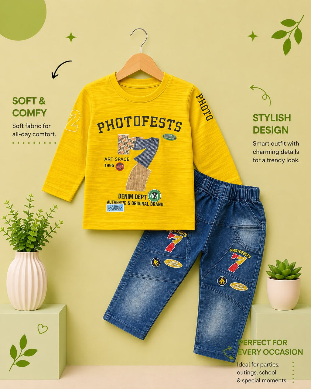 Kids PhotoFests Full Sleeve T-Shirt & Denim Pants 2-Piece Outfit Set