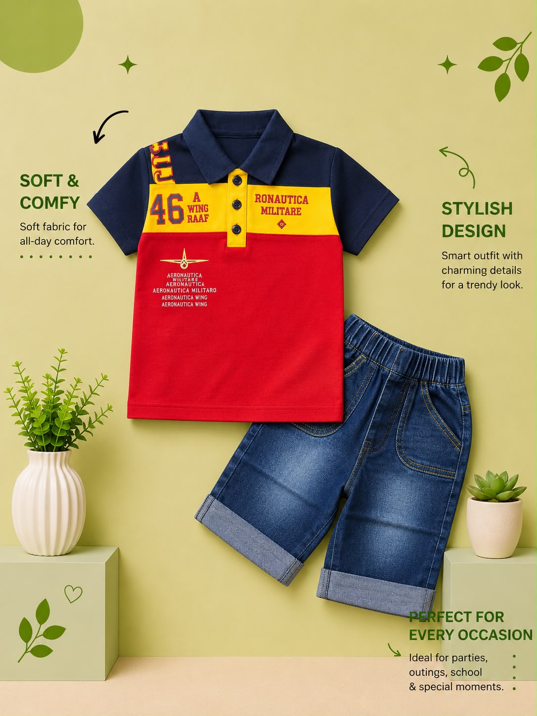 Kids Color Block Polo T-Shirt & Denim Shorts 2-Piece Outfit Set