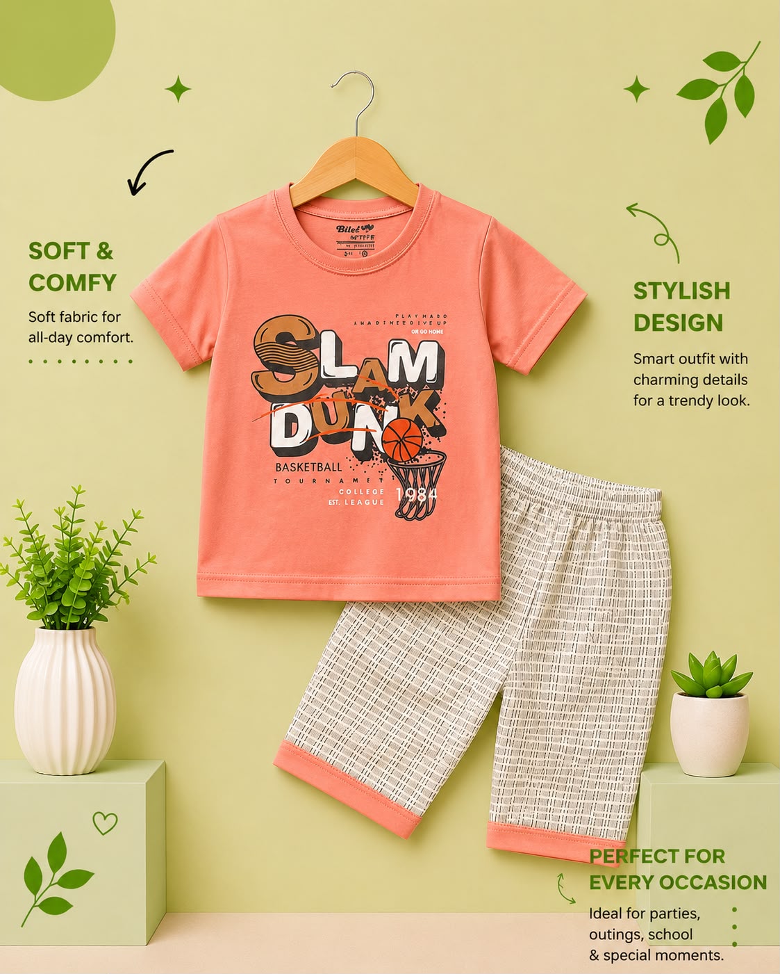 Kids Slam Dunk Printed T-Shirt & Shorts 2-Piece Summer Outfit Set