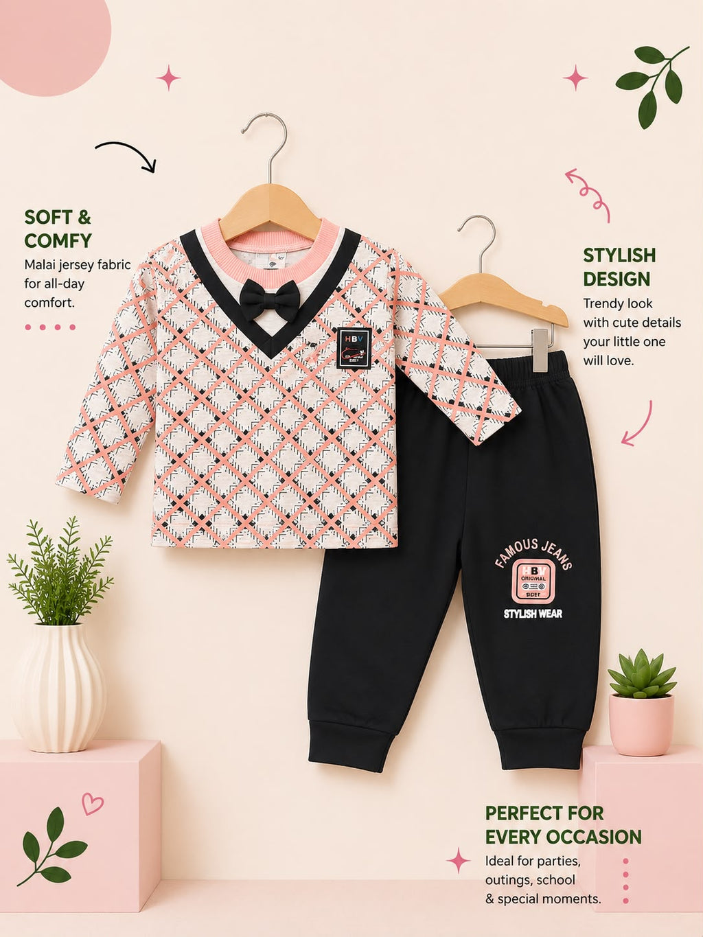 Premium Boys 2 Piece Printed Winter Tracksuit Set with Bow Tie – Soft Malai Jersey