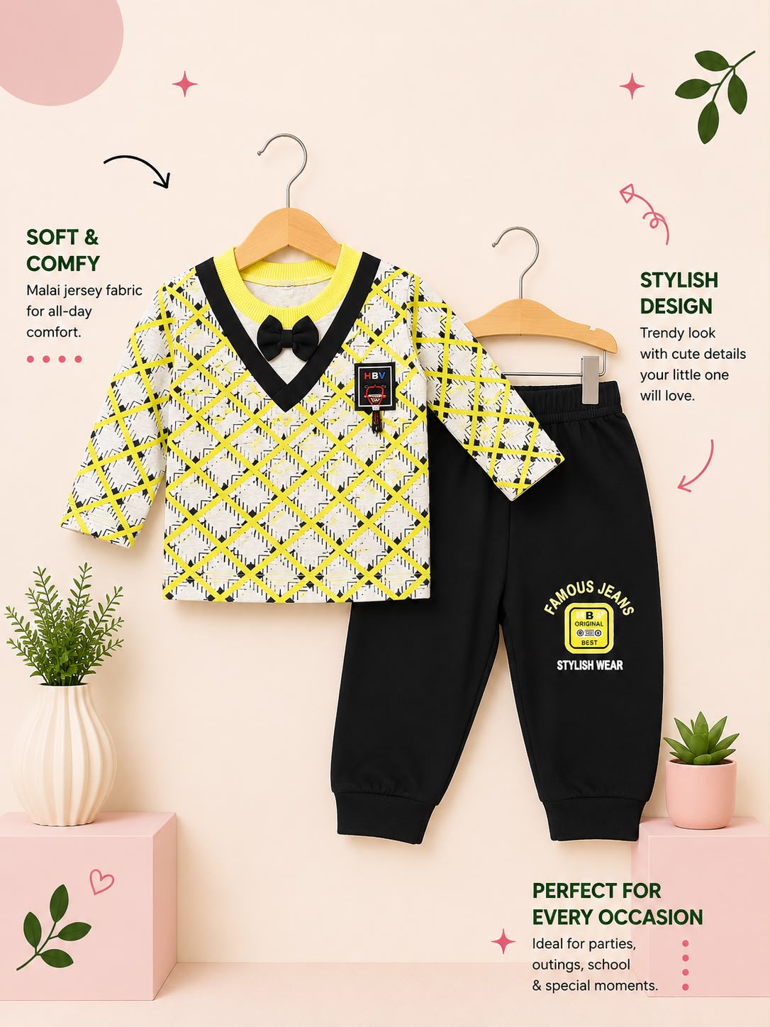 Premium Boys 2 Piece Printed Winter Tracksuit Set with Bow Tie – Soft Malai Jersey