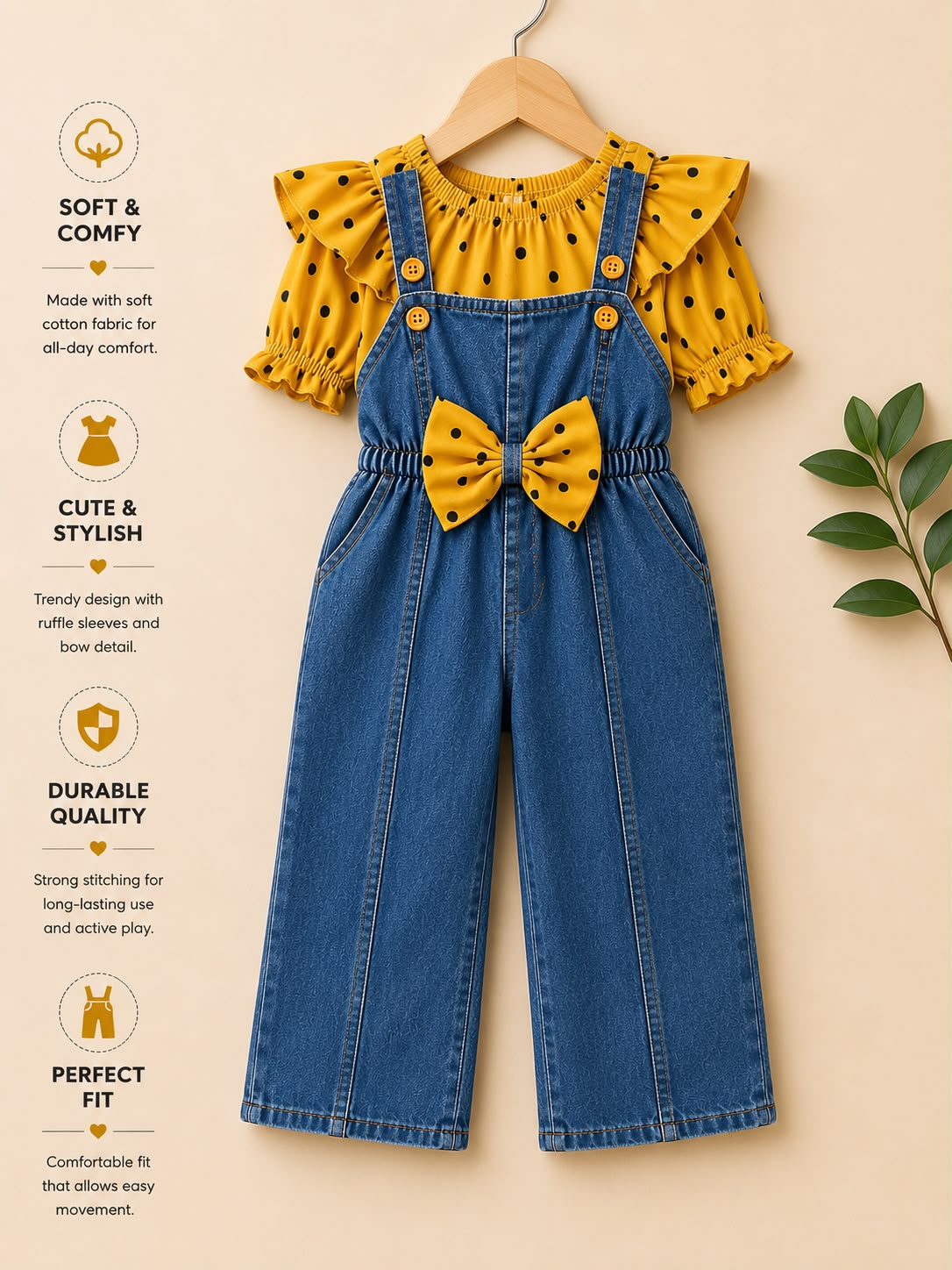 Girls Polka Dot Denim Dungaree Bow Jumpsuit Set | Soft Cotton Casual Outfit